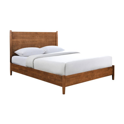 Walnut Solid Wood Mid - Century Modern Bedframe For Queen Size, Panel Headboard, Round Tapered Legs, Mattress Ready, 1pc Bed Only Headboard