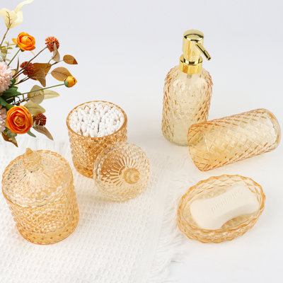 5Pcs Clear Gold Bathroom Accessories Set,Glass Bathroom Accessory Set, Bathroom Counter Sink Toothbrush Holder Set Includes 13.5oz Hand/Lotion Soap Dispenser & Tumbler & Soap Dish & Holders