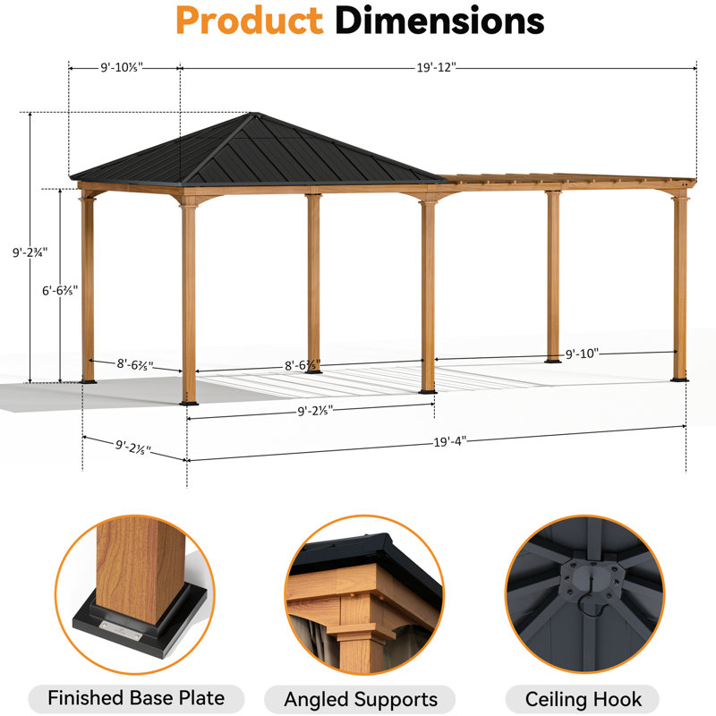Sunrise Coast 10'X20' Hard Top Patio Gazebo With Mesh Netting And Privacy Curtains,  Extend Pavilion Pergola With Galvanized Steel Slope Metal Roof