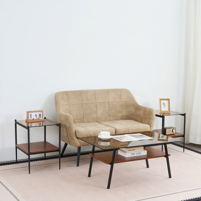 Coffee Table And Two End Tables, Tempered Glass Table With MDF Shelf, Modern Tables For Living Room, Brown