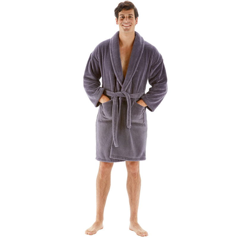Gray Small Shawl Collar Fleece Bathrobe with Pockets