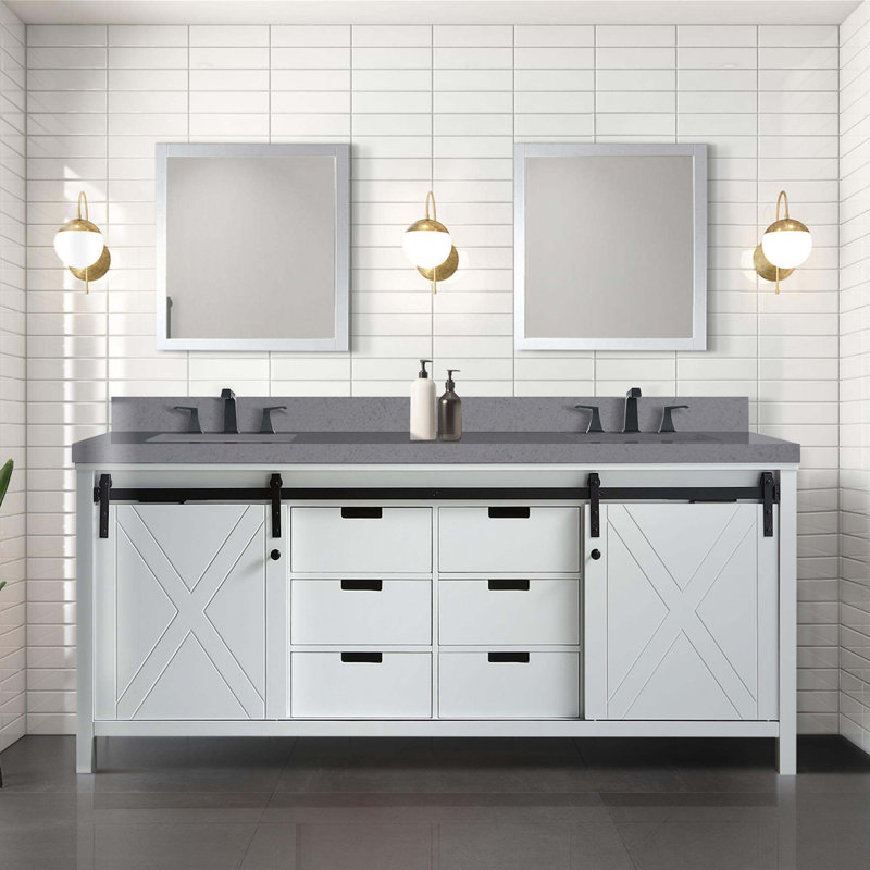 White Double Bath Vanity 80 In. W X 22 In. D, With Grey Quartz Countertop