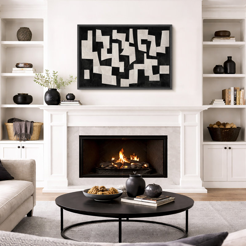 Abstrait noir et blanc, motif géométrique découpé, photos de salon moderne, impression sur toile encadrée, Cadre noir