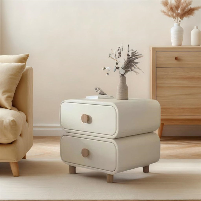 Table de chevet moderne de style crème avec tiroirs doubles | Structure en bois massif et surface en cuir, armoire de rangement de chevet pour chambre à coucher