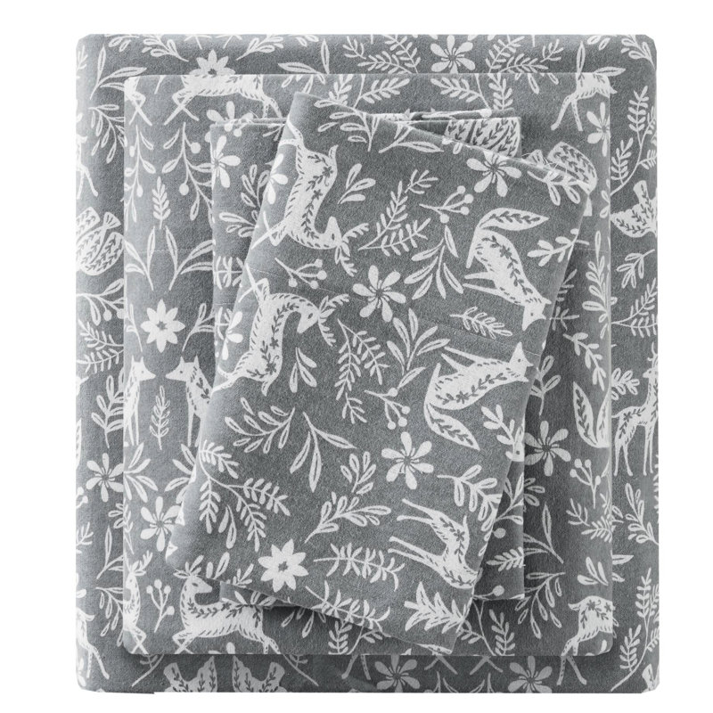 Ensemble de draps 4 pièces - Imprimé faune de sauge d'hiver, 100% flanelle de coton, dimensions luxueuses surdimensionnées jusqu'à une hauteur de matelas de 18 po, douceur supérieure, drap-housse élastique, pré-rétréci
