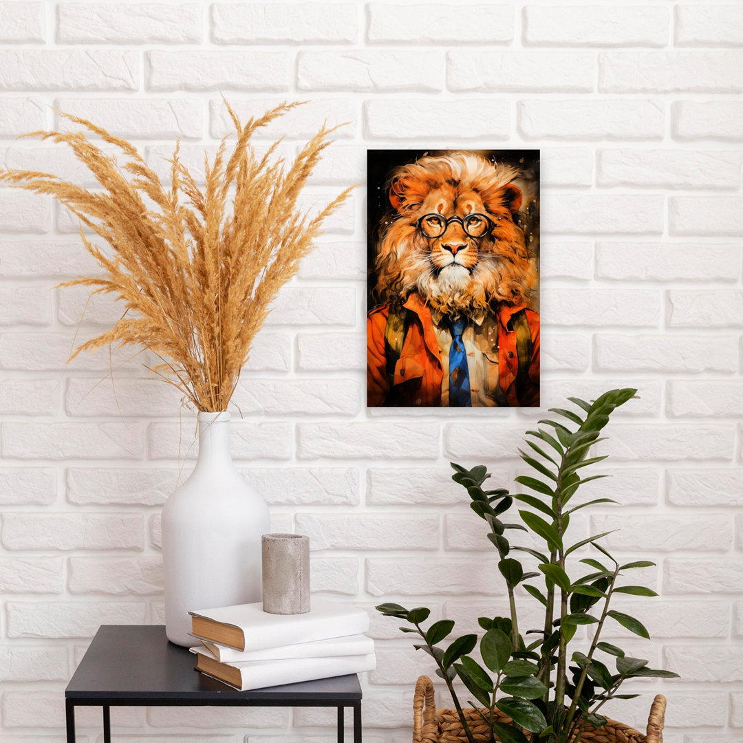 Intellectual Lion Portrait Whimsical Contemporary Lion Portrait Wildlife Wall Art Print