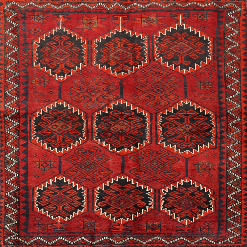 Tapis traditionnel rouge / bleu / beige, Carré 6 pi