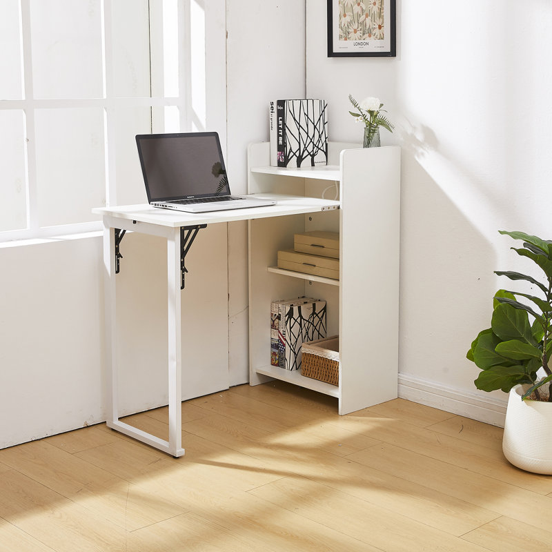 Foldable Computer Desk with Charging Station and Two-Tier Storage Shelf, 39.3 Inch Convertible Folding Writing Table Multi-Functional Space Saving Nightstand for Home Office Bedroom Dormitory Study Compact Workstation, White
