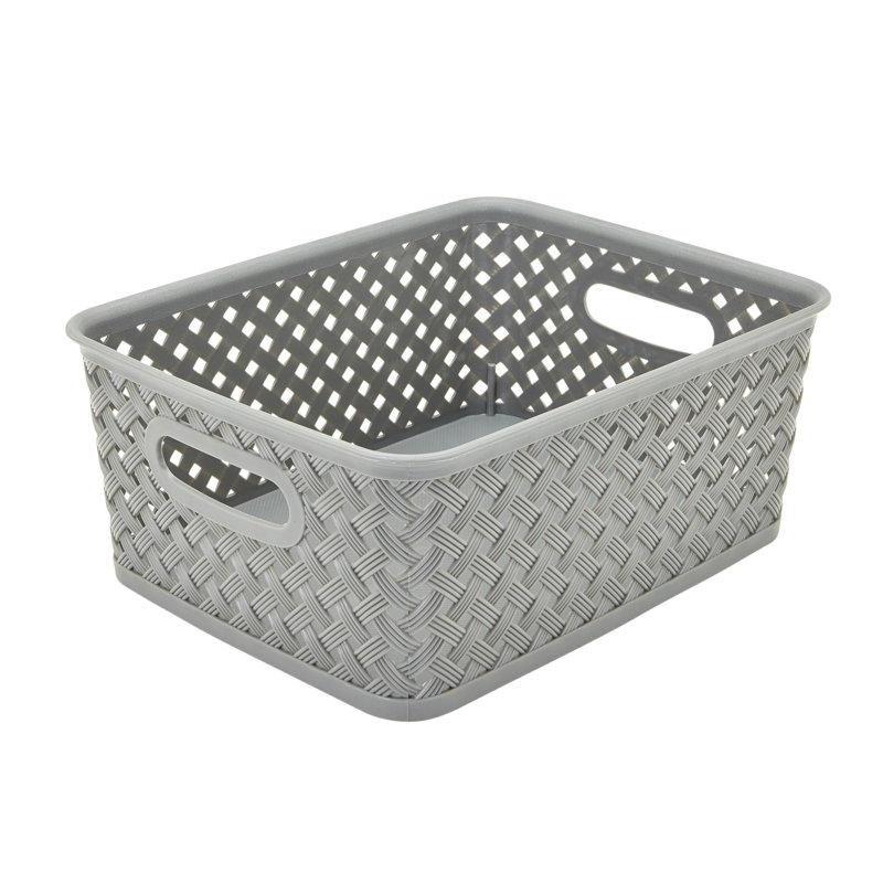 Gray Rectangular Resin Wicker Storage Bin with Handles