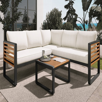 4 Pieces Outdoor Patio Conservation Set, Metal and Wood Frame Sectional L-shaped Sofa with Soft Cushion and a Coffee Tables for Garden, Backyard, Porch and Deck