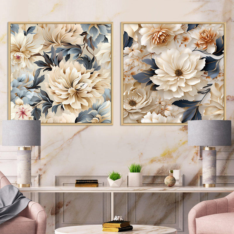 Clématite - ensemble de 2 collages carrés floraux, Cadre flottant brun, H 30 po x l 61 po