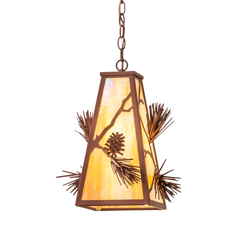 Rustic Pine & Iridescent Glass Single Pendant Light