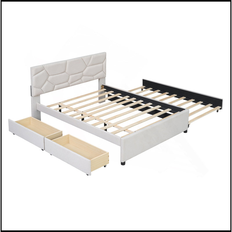 Lit plateforme tapissier avec tête de lit à motif brique, avec gigogne et 2 tiroirs, tissu en lin, Beige, Lit double