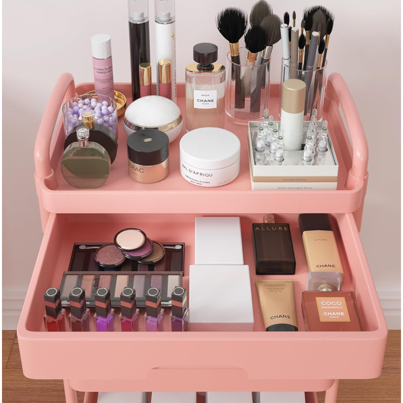 Pink Metal 3-Tier Rolling Utility Cart with Drawer