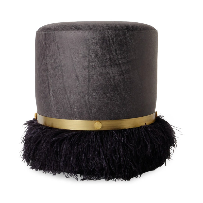 Leather Ostrich Fluff Pouf, Charcoal/Black