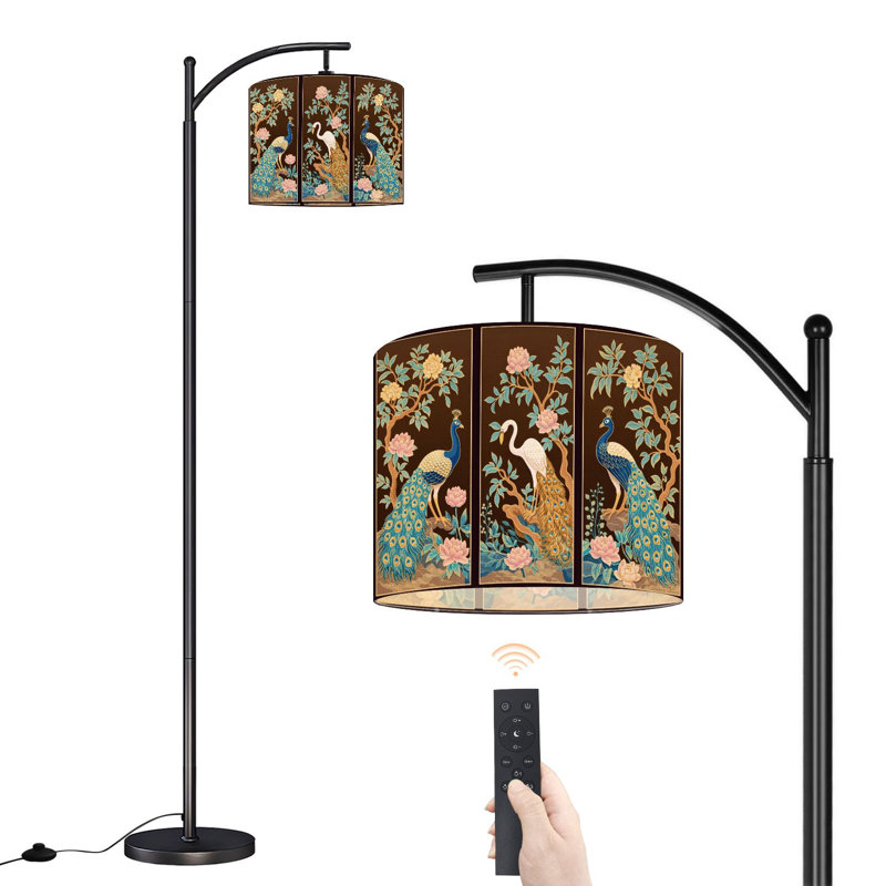 Lampe sur pied à arc avec abat-jour réglable Écran pliant de style chinoiserie, pivoines dorées, lampe sur pied, 3 températures de couleur, gradateur haut, avec interrupteur au pied pour la chambre à coucher