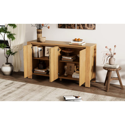 Buffet 4 portes, tablettes réglables, rangement, fabrication en bois massif, finition rétro spacieuse et patinée, patins