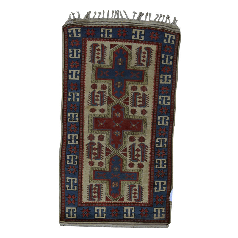 Tapis bleu et ivoire de haute qualité noué à la main