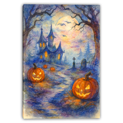«Haunted House with Jack O’Lanterns», art mural sur toile aquarelle