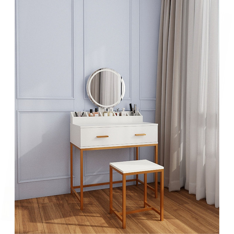 Ensemble de coiffeuse avec miroir et tabouret - coiffeuse de maquillage avec tiroirs de rangement et organisateur, blanc et doré, conception peu encombrante pour les petites chambres