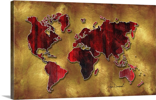 «Anjila World Map Red and Gold» par Megan Duncanson, impression, H 12 po x l 19 po x P 1,5 po, Toile