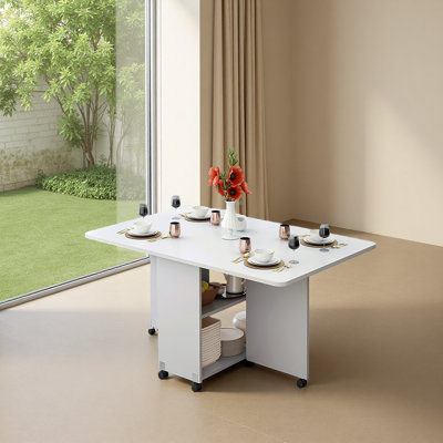 Folding Drop Leaf Dining Table With 6 Wheels And 2-Layer Storage Shelf, Space Saving Table For Small Spaces, 47.2 Inch D X 23.6 Inch W X 30.3 Inch H