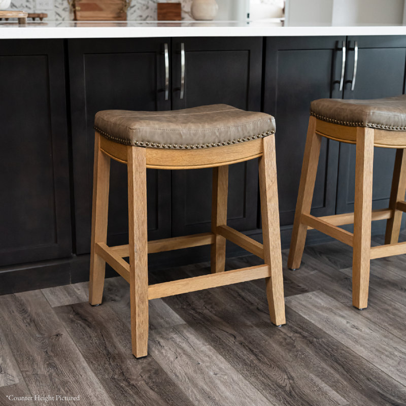 Maven Lane Sophia Wooden Backless Stool with Faux Leather Upholstery, Bar Stool (30.70" Seat Height), Aged Natural
