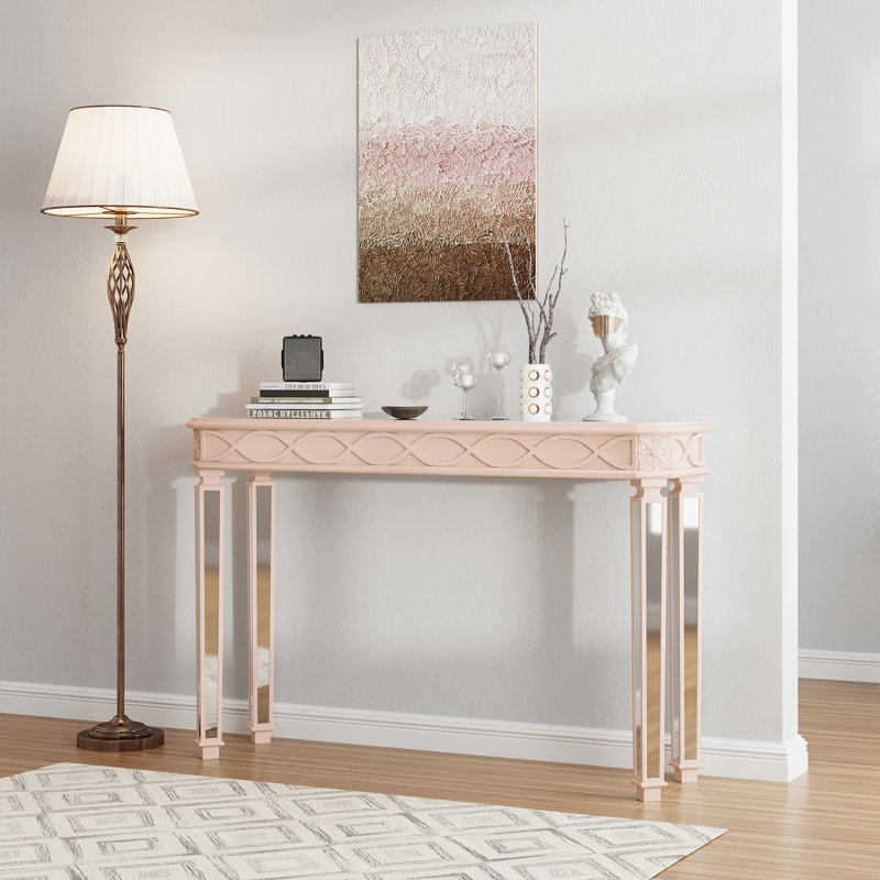 Console Mid-Century avec miroir en bois massif, Rose