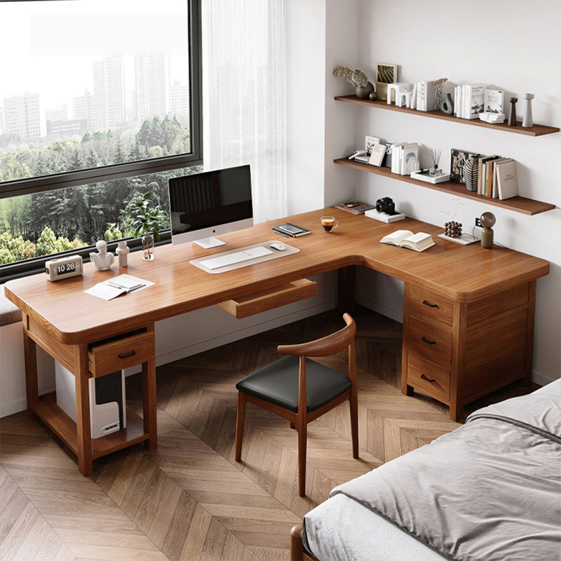 Bureau rectangulaire en L en bois massif, Retour à droite, 29.53" H x 70.87" W x 47.24" D
