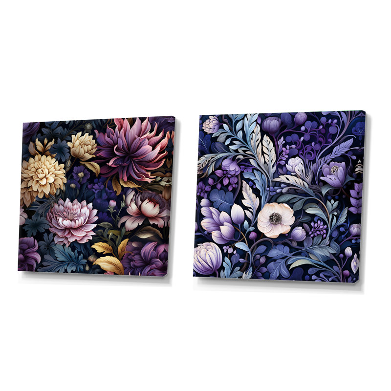 Deep Emerald - lotus mauve enchante - ensemble de 2 collages floraux carrés, Toile tendue, H 16 po x l 33 po