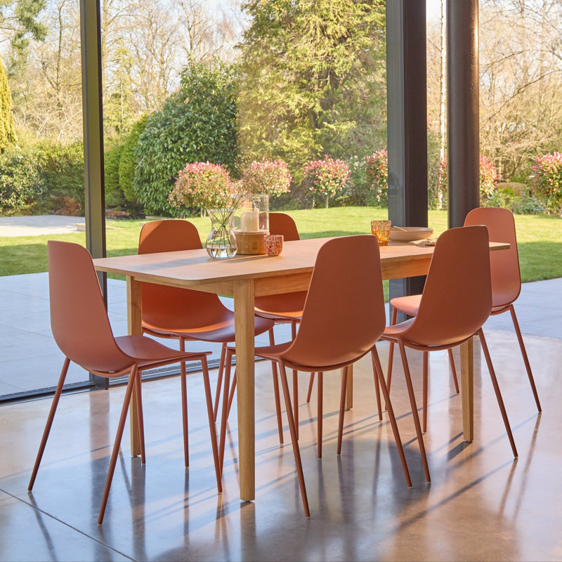 Whitewash Extendable Dining Table Set - 6 Seater - Burnt Dining Chairs, Orange