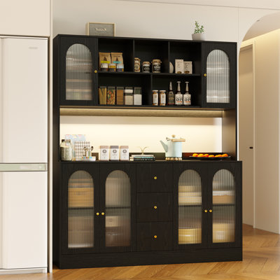 71" Kitchen Pantry Cabinet With LED Light,Arched Fluted Glass Door And Microwave Shelf,Farmhouse Buffet Hutch With 3 Drawers