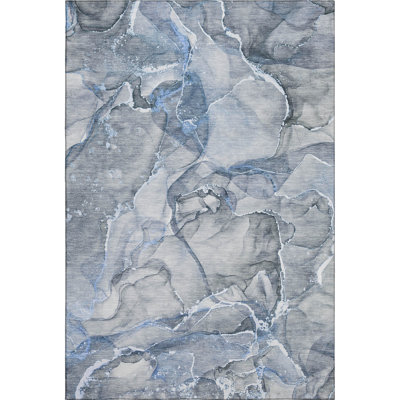 9' X 12' Blue And Ivory Abstract Washable Area Rug With UV Protection