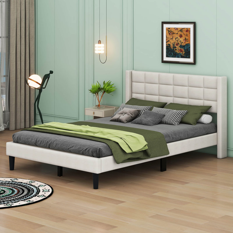 Queen Size Upholstered Platform Bed With Support Legs, Beige