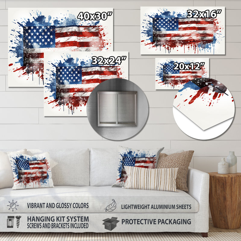Aquarelle, drapeau américain III - drapeau États-Unis, art mural en métal, H 16 po x l 32 po x P 1 po