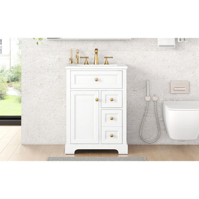 Meuble-lavabo blanc de 24 po avec lavabo central encastrable et pin, 3 tiroirs, armoire à deux niveaux, style moderne pour salles de bain de taille moyenne, surface facile à nettoyer et installation en pin de 24 po