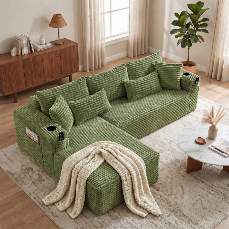 Canapé modulaire en forme de L de Boneless, Velours côtelé vert