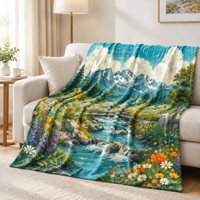 Couverture à motif paysage de montagne - Imprimé floral éclatant, rivière sereine, végétation luxuriante, design artistique, légère, respirante, confort toutes saisons, élément décoratif, jeté douillet pour canapé, salon et chambre