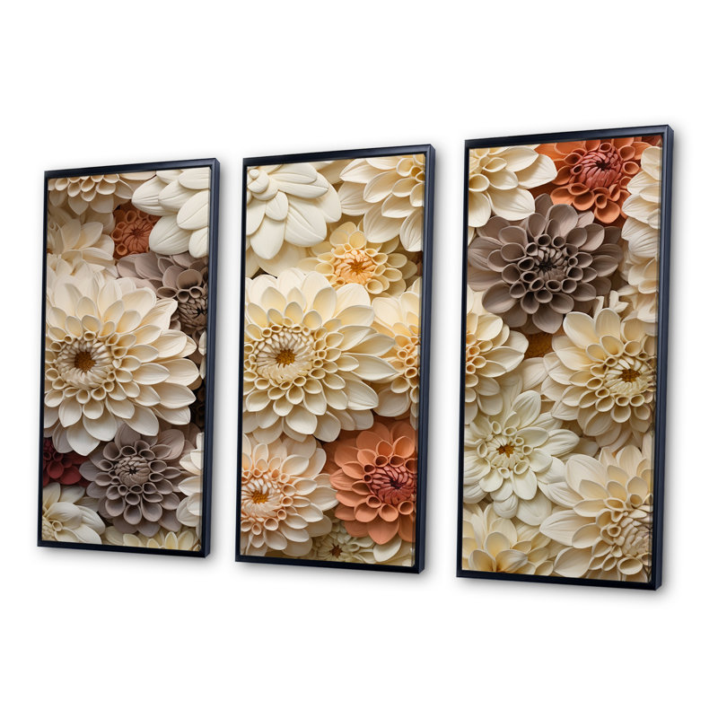 Minimalisme beige, fleurs de Zinnias - ensemble de reproductions d'art mural Zinnias, Cadre flottant noir