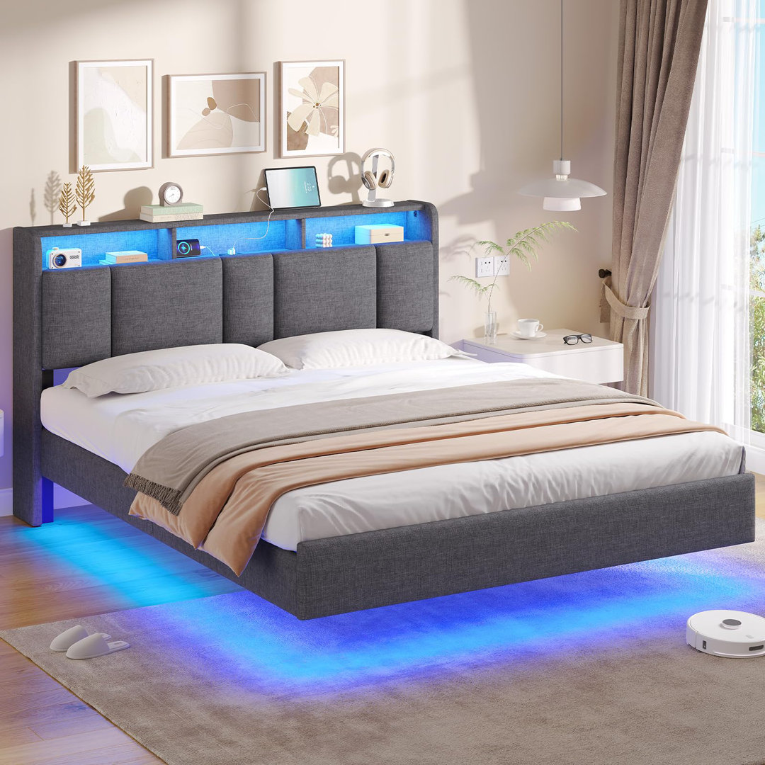 Floating Bed Frame with Adjustable LED Lighting and Multi-port Charging Station, 4ft6 Double Bed Frame with Upholstered Headboard Storage, Noise Free