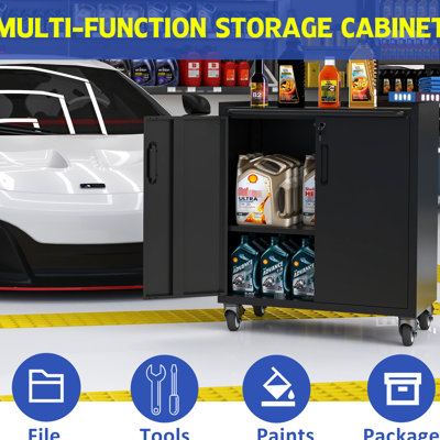Metal Garage Cabinet On Wheels - Strong And Versatile For Garage, Office, Home. Adjustable Shelf Options, Lockable Caster Convenient Movement, Raised Surface To Keep Items In Place, Box. Black Steel.
