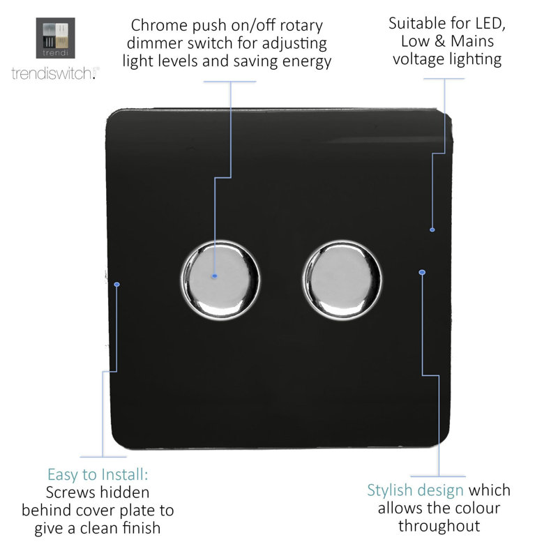 Trendi Switch 2 Gang 1 or 2 way 100w Rotary LED Dimmer Light Switch, Piano Black