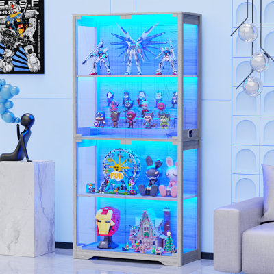 Glass Display Cabinet, Curio Cabinet, Bookcase with 3 Color LED Lights, Gray