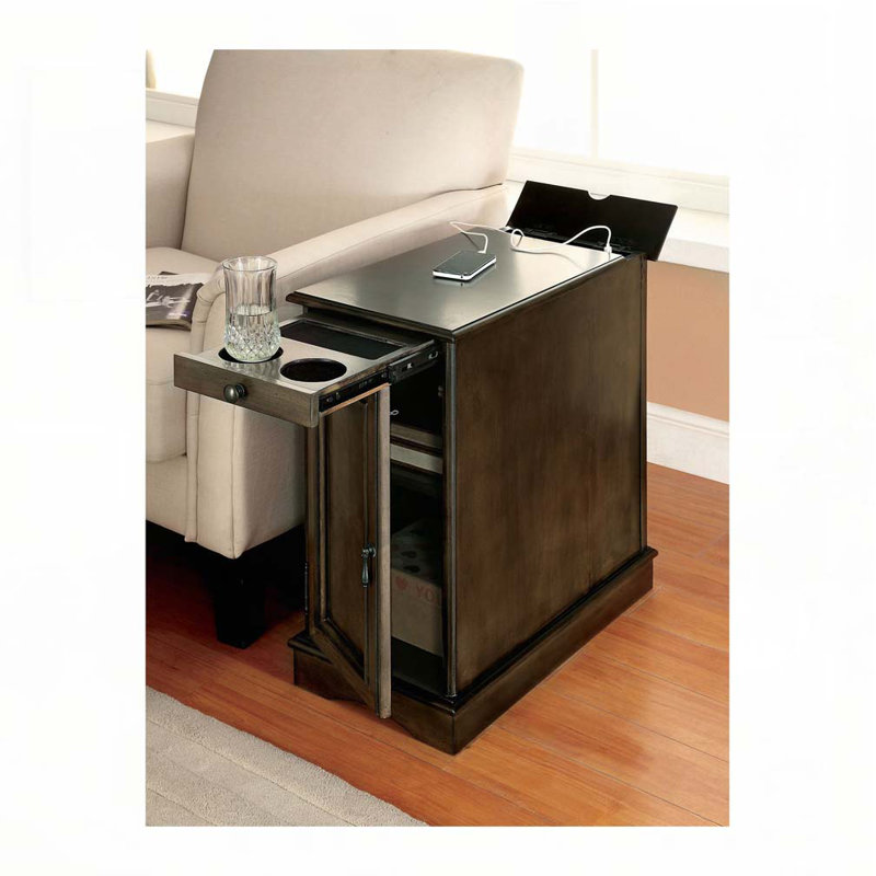 Porte-gobelet escamotable transitionnel pour table d'appoint avec prise USB intégrée, Gris