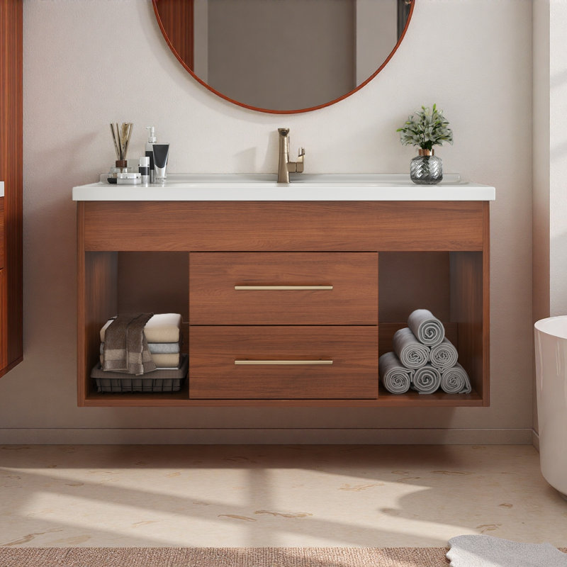 Meuble-lavabo simple 35,4 po Mid-Century avec lavabo encastré en céramique intégré