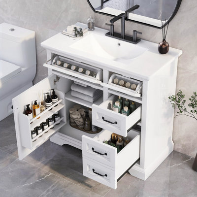 Meuble-lavabo de salle de bain avec lavabo en céramique, 2 tiroirs rabattables et charnières à fermeture en douceur pour une élégance et un rangement modernes