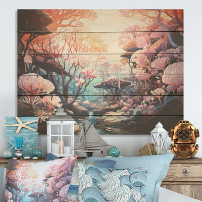 Magnifique paysage sous la mer - corail côtier sous l'eau, art mural sur bois de pin naturel