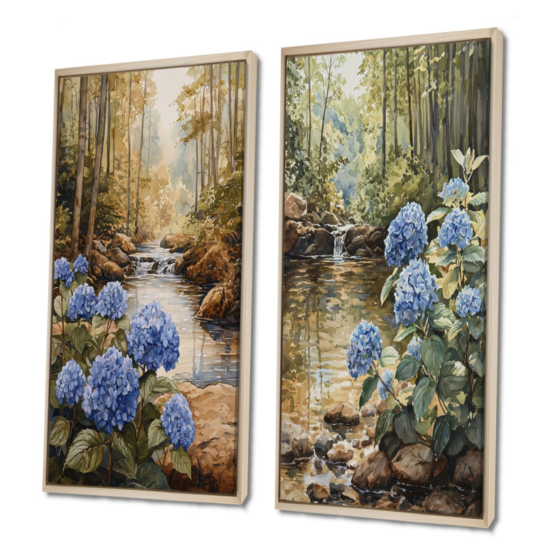 Hortensias par la rivière Forest III - Art mural floral, collection 2 panneaux, H 32 po x l 33 po, Crème