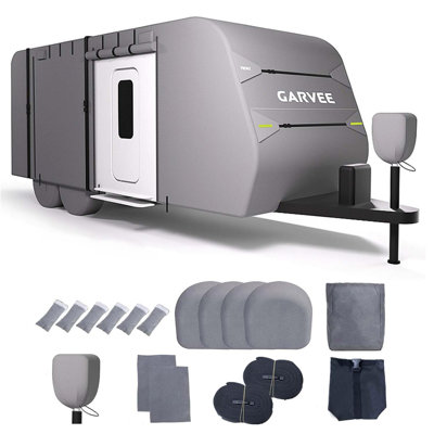 Housse de camping-car pour roulottes de voyage, housse de camping imperméable et respirante de 24 à 27 pieds avec porte à fermeture à glissière pour le rangement extérieur, protection contre les intempéries