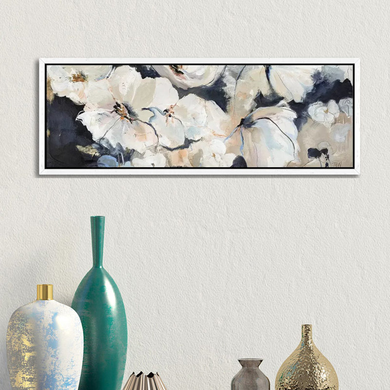 Flower Varity II - Panoramic Painting on Canvas, White Framed, 30.48cm H x 91.44cm W x 3.81cm D